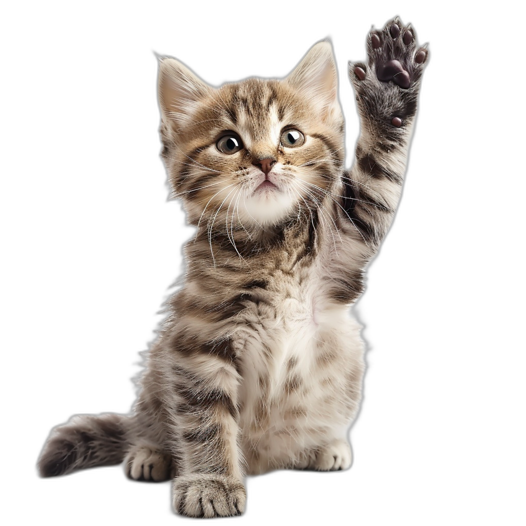 A cute kitten is standing on its hind legs, raising one paw and giving high five isolated black background