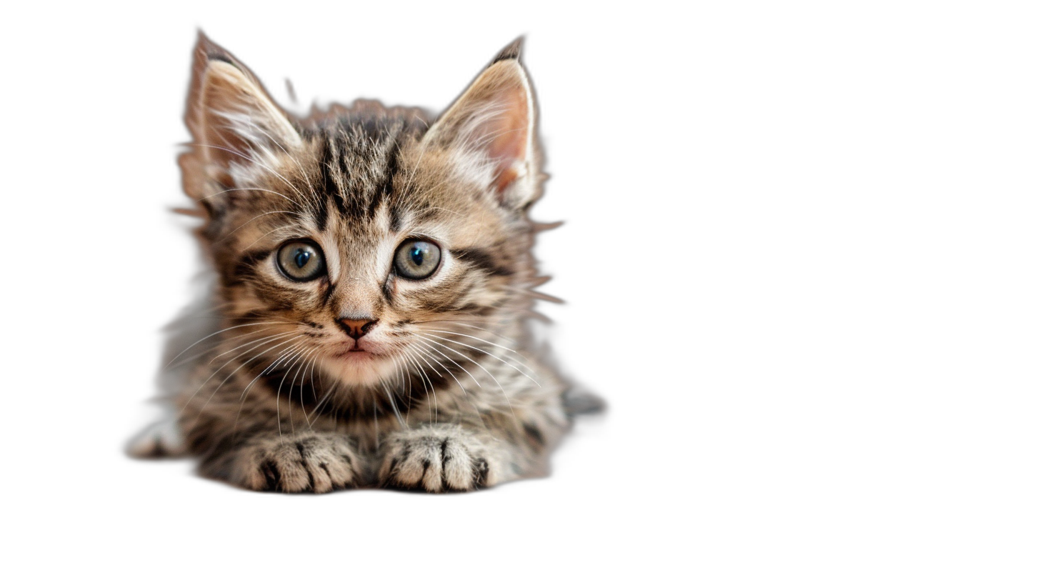 A cute kitten peeking out from the bottom of an isolated black background, looking at the camera with big eyes and paws visible in a portrait shot, high resolution photography.