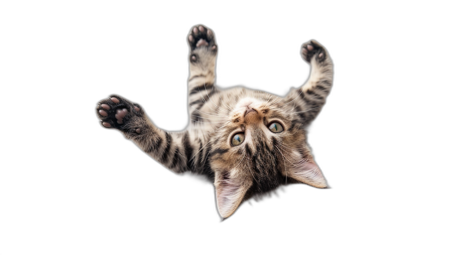 A cat is flying upside down, isolated on a black background, in a high resolution photographic style.