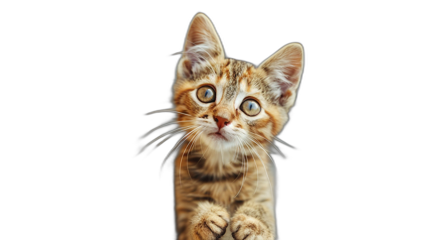 A cute kitten is standing on its hind legs, looking up at the camera with big eyes and paws hanging down against black background, high definition photography