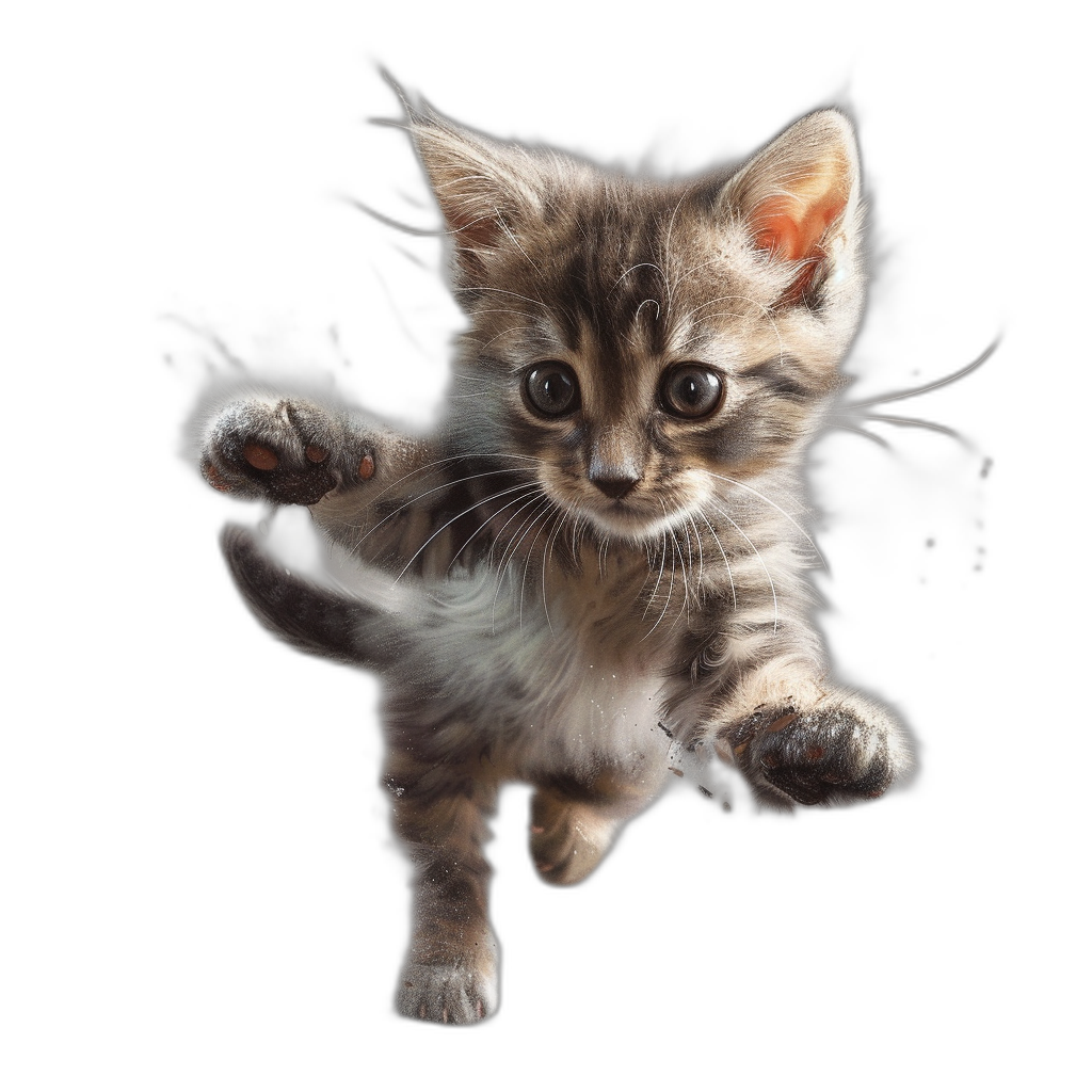 A cute kitten, jumping in the air with its front paws outstretched against a black background, with a transparent background, captured in the style of hyperrealistic photography, with super detailed and super resolution.