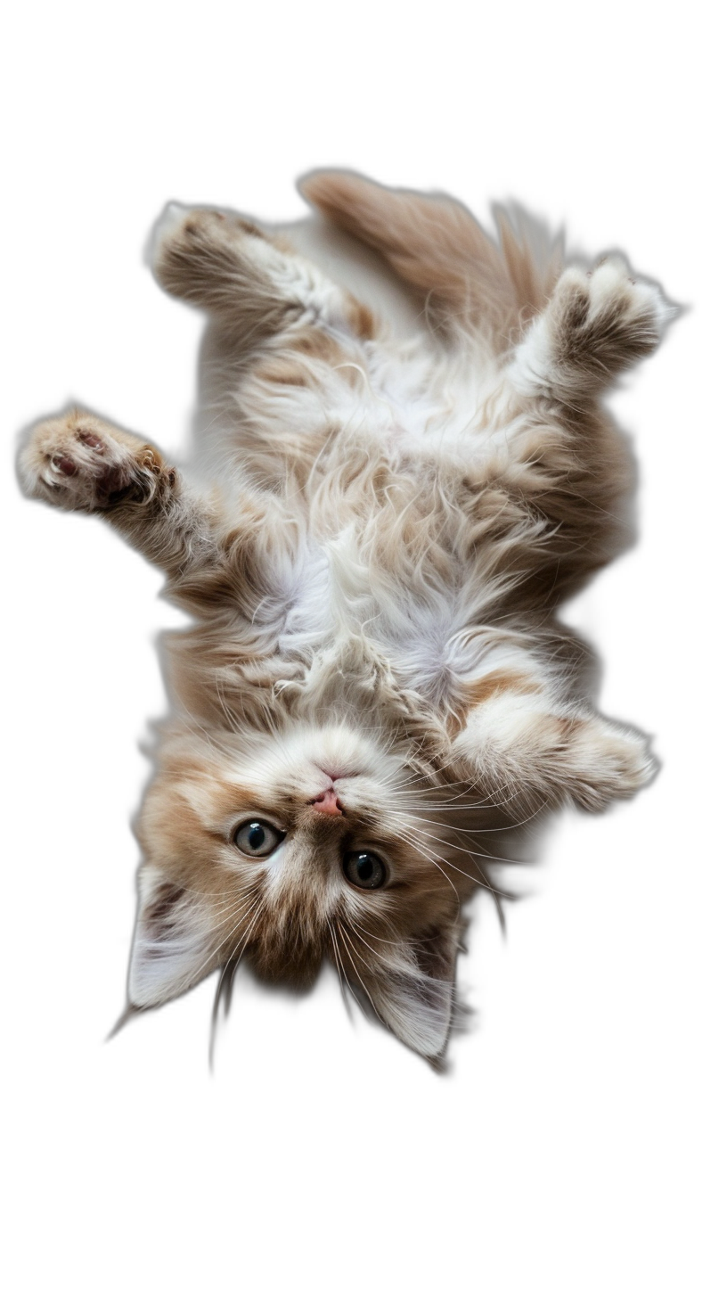 photorealistic portrait of a cute smiling long-haired persian cat floating upside down in the air against a black background, in the style of an award-winning studio photographer, with high definition