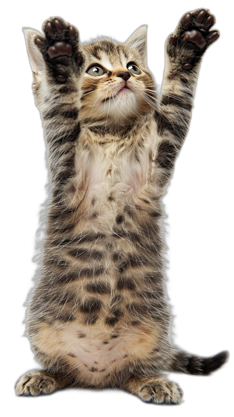 a full body photo of an adorable kitten standing on its hind legs with arms raised, isolated black background, hyper realistic