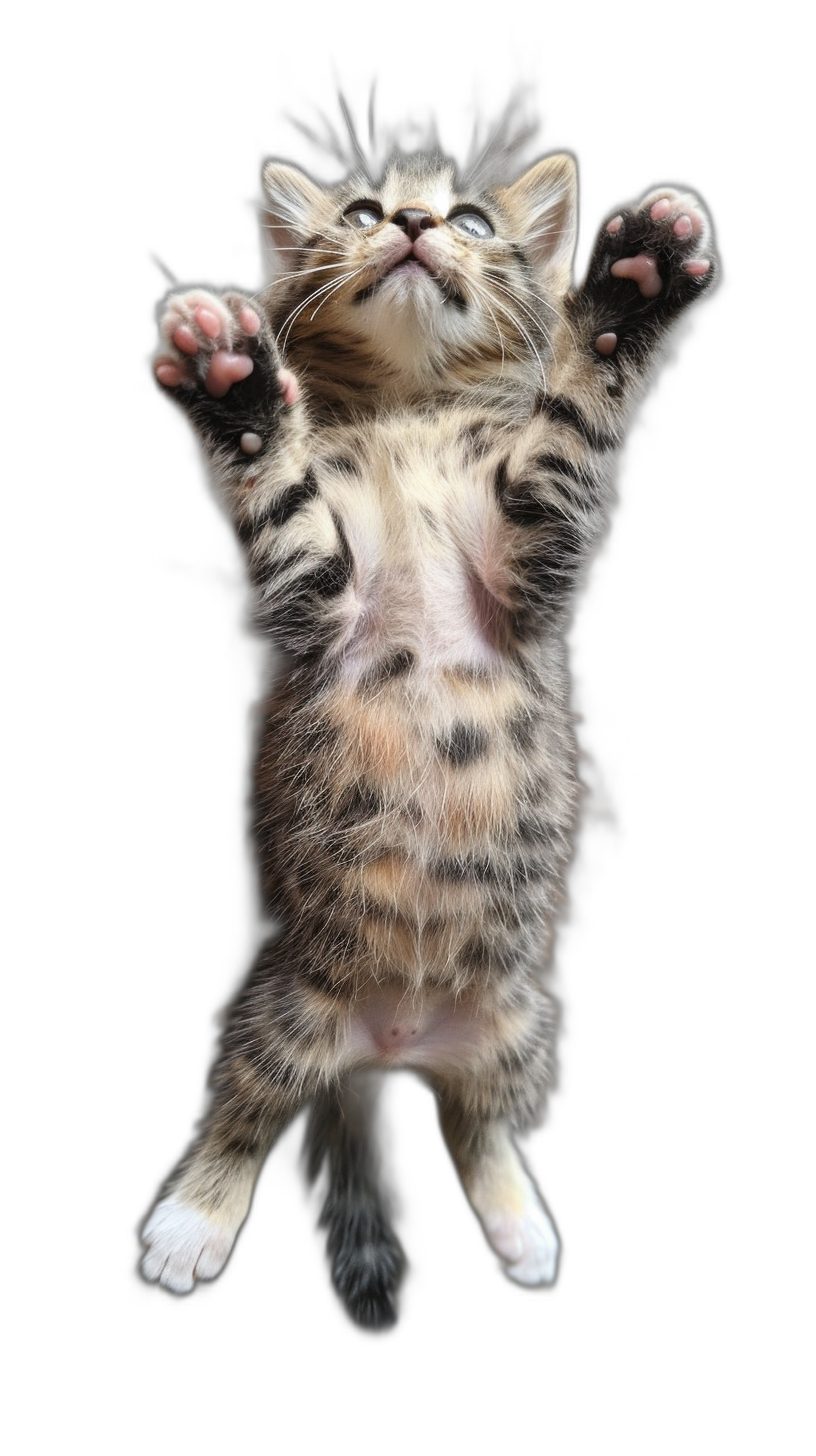 A kitten is jumping up, its front paws in the air and its legs stretched out to reach something on top of a black background, in the style of photorealism.