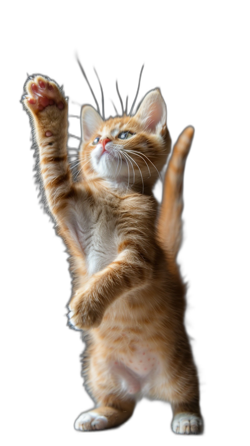 A cute orange cat standing on its hind legs, reaching up with one paw to touch the sky, on a pure black background, in the style of photography, with high definition details.