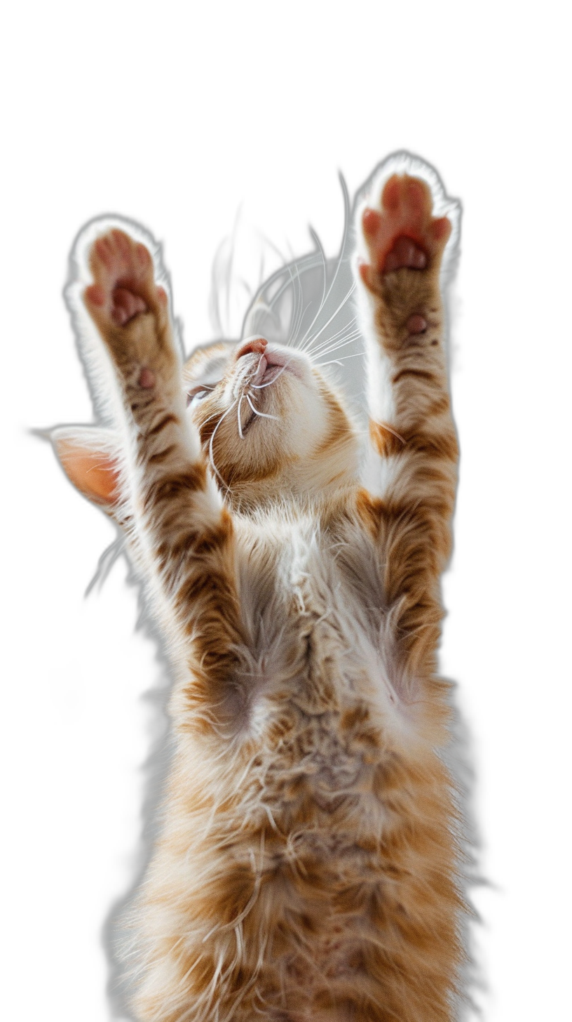 Cute orange cat, raising its front paws to the sky, with both hands raised above head, black background, high definition photography