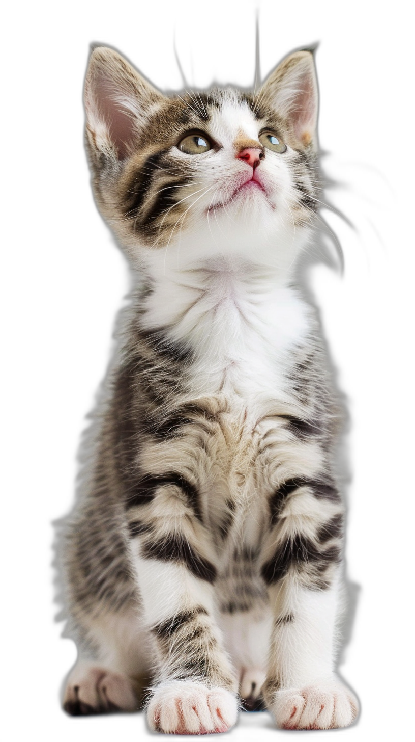 A cute kitten is sitting, with white and gray stripes on its body, looking up at the sky in front of it, fullbody shot, black background, high definition photography