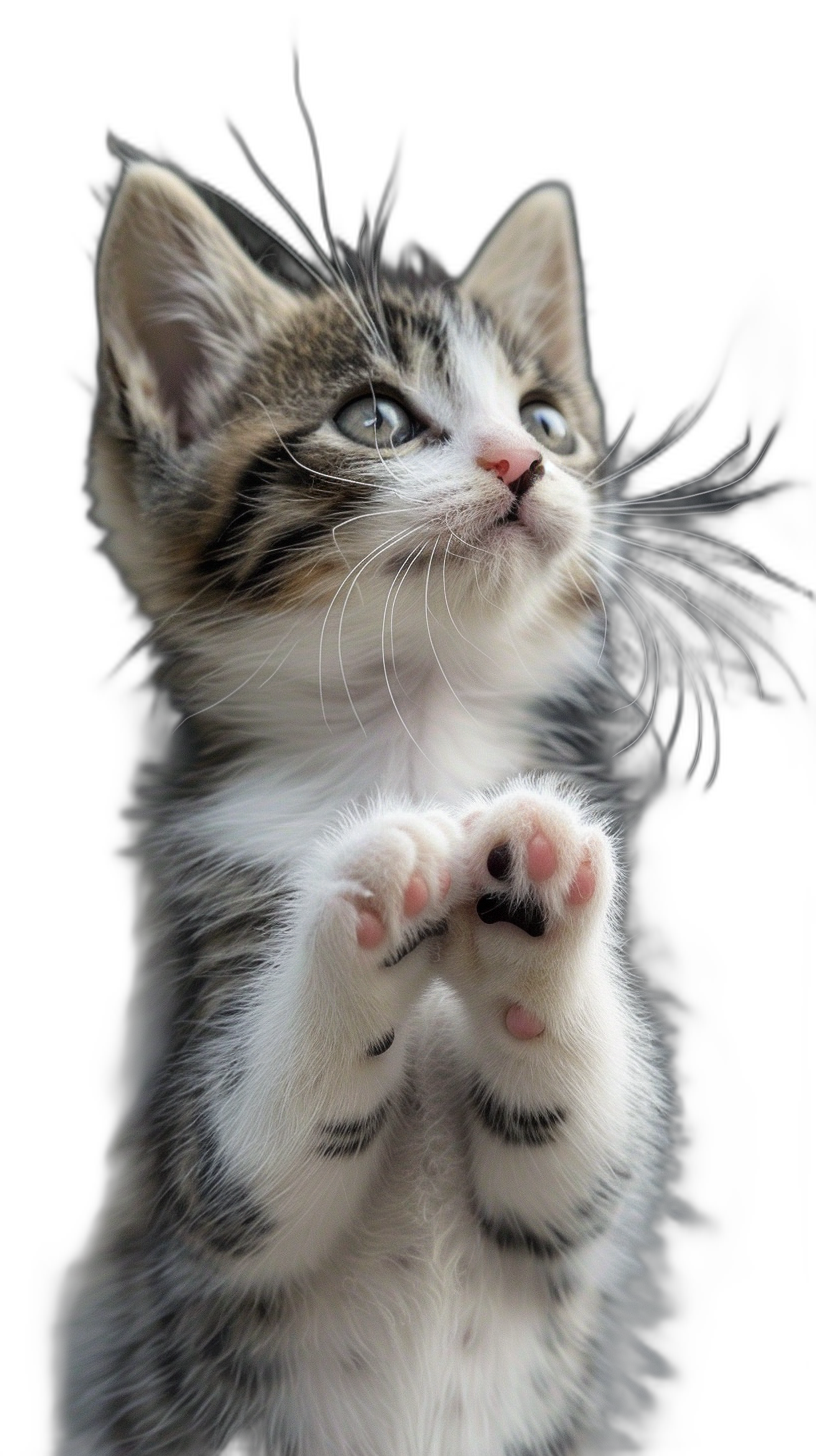 Cute kitten, paws up and looking at the sky, black background, high definition photography