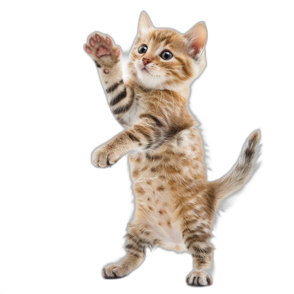 A playful kitten standing on its hind legs, waving with one paw isolated against a black background in a high resolution photo.