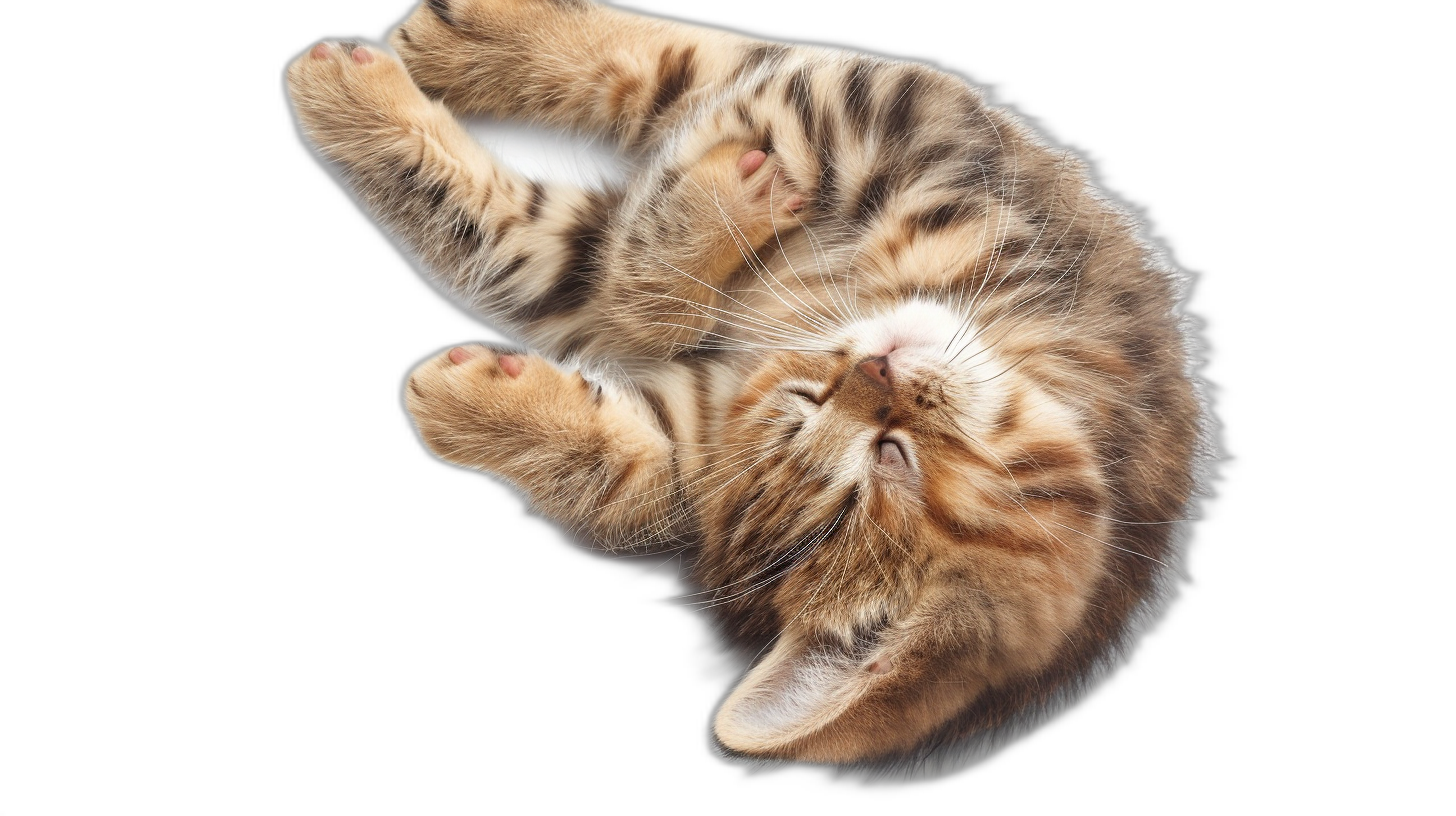 A playful and cute little cat is sleeping on its back, upside down with paws spread out, against an isolated black background, from a top view, rendered in a photorealistic style.