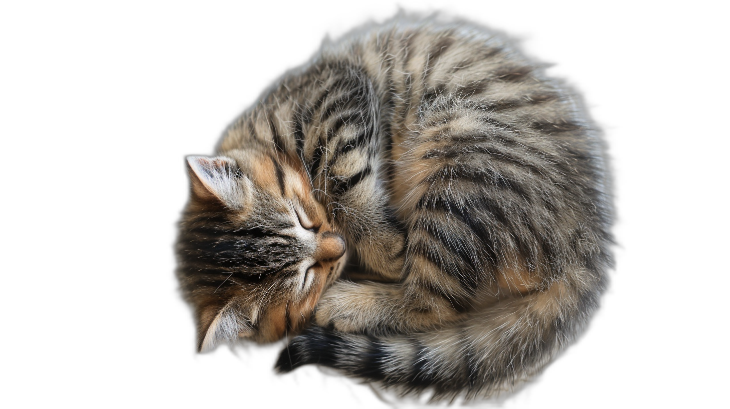 Beautiful cute striped cat curled up in the shape of a ball, top view on a black background, photorealistic, macro photography