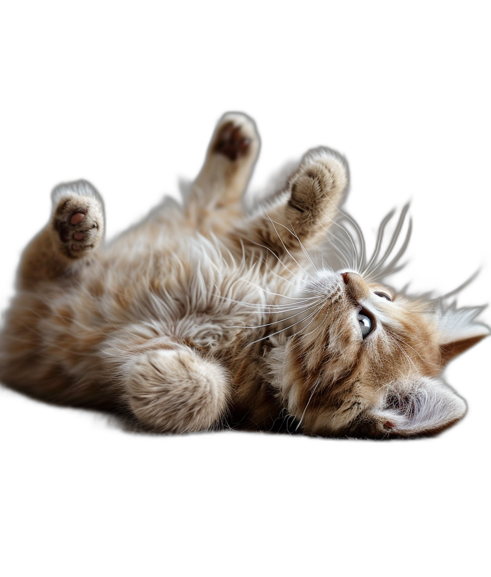 A cute cat lying on its back, playing with its paws in the air against a black background, shot from below in a portrait style photography with high definition in the style of hyperrealistic art.