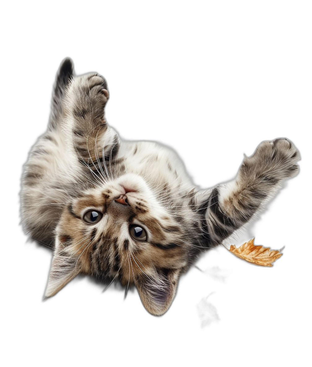 A cute kitten is playing with an object in the air, upside down on its back, holding it between its paws and reaching out to touch it. The background is a black color. This high resolution photography shows insanely detailed, fine details in an isolated plain in the style of a professional photoshoot.