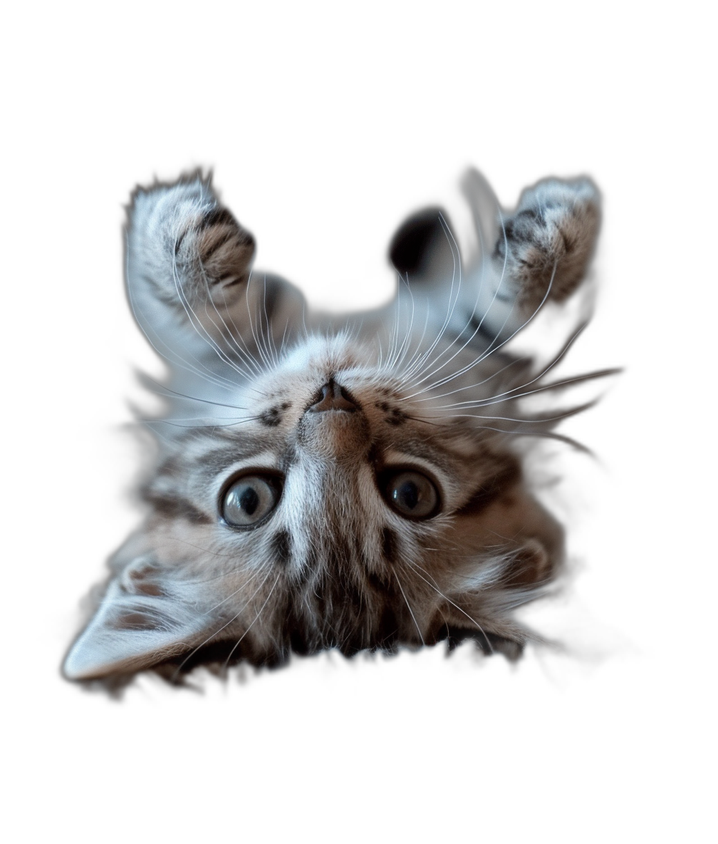 portrait of an extremely cute kitten, playing upside down on black background, soft lighting, highly detailed, digital art