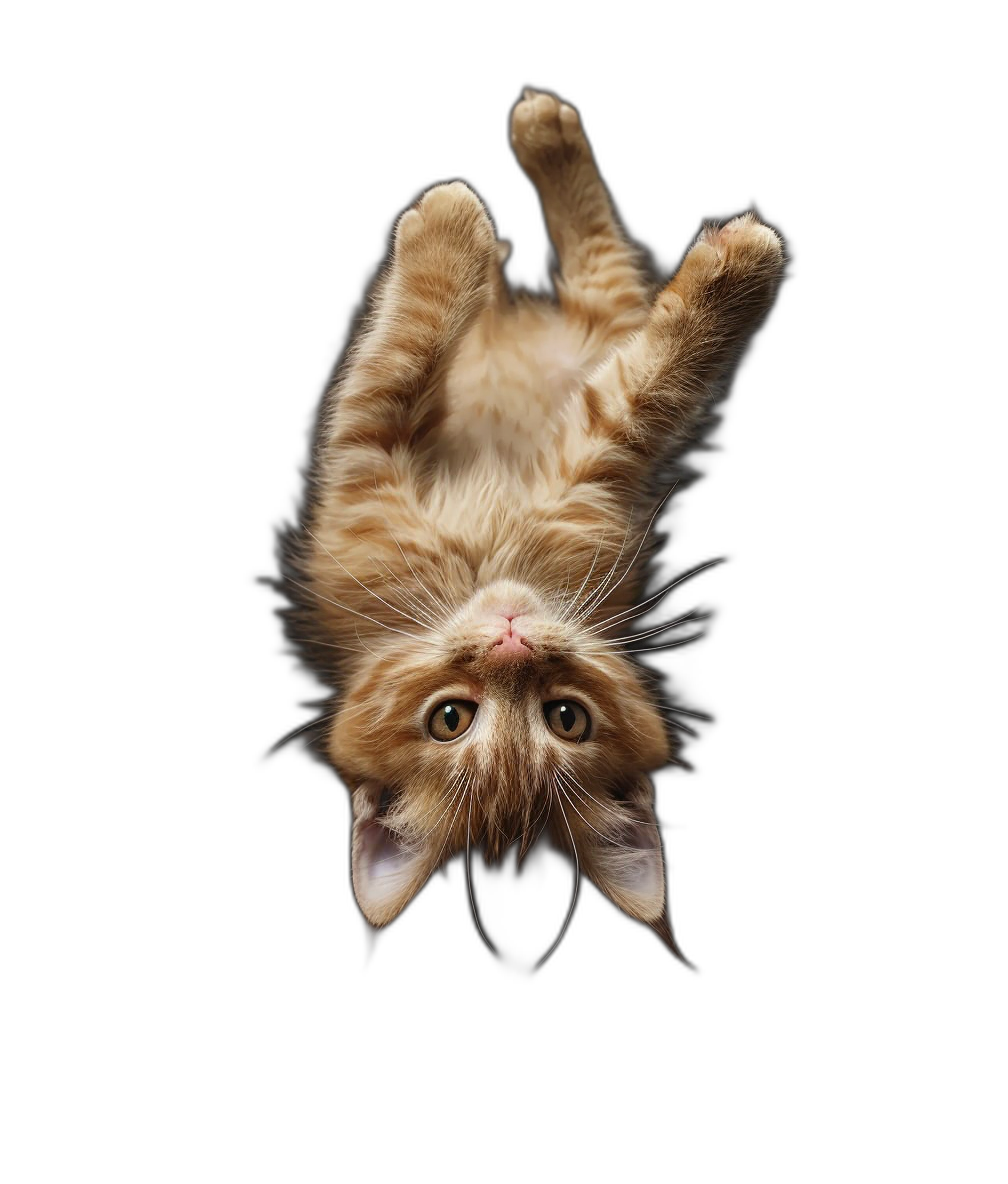 Cute cat upside down, floating in the air, isolated on black background, high definition photography style