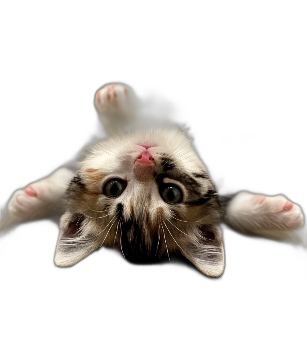 a kitten floating upside down in the air, cute face with paws spread out, black background, portrait photography, front view