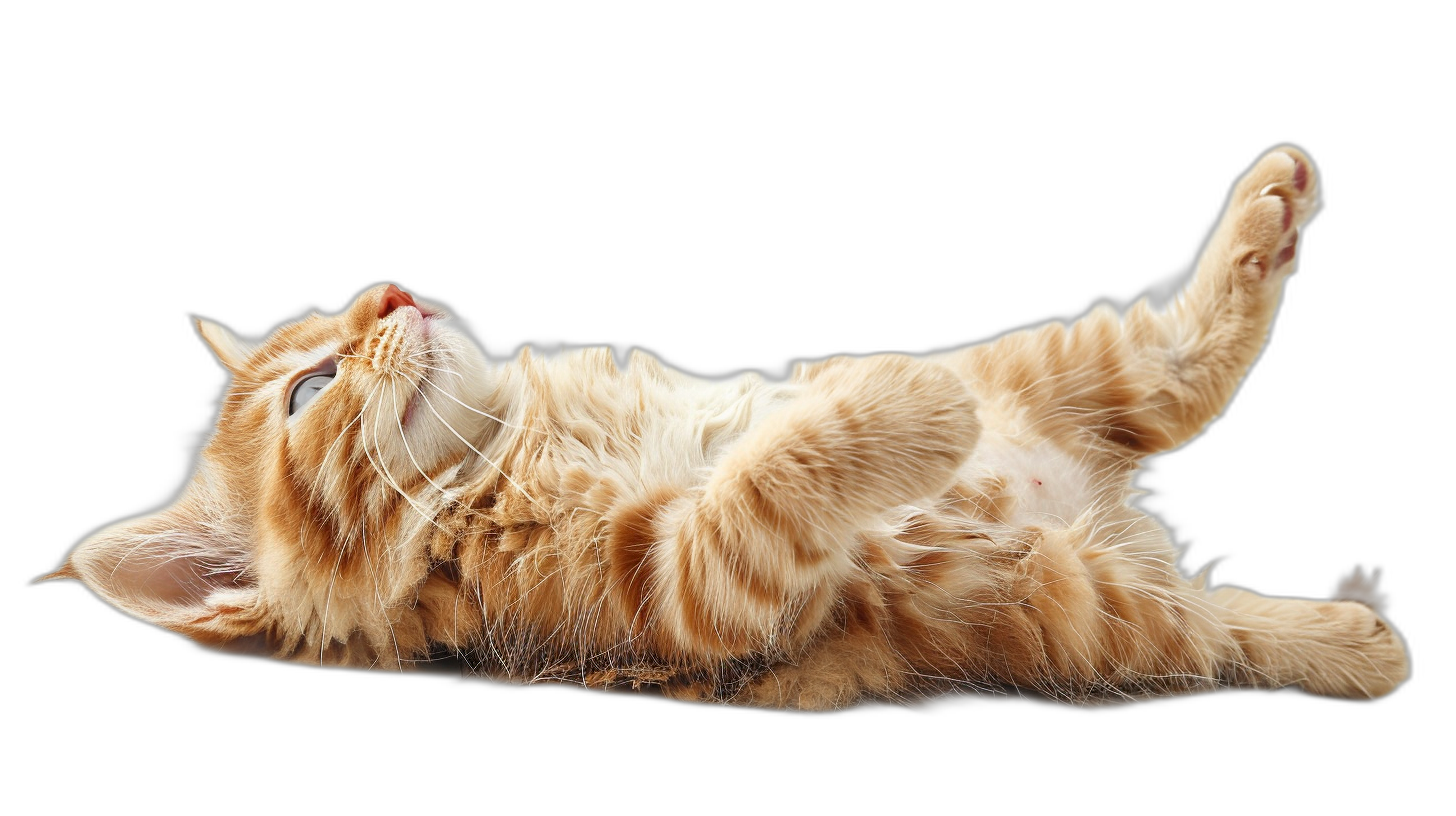 A playful orange cat lying on its back, playfully stretching one leg in the air against an isolated black background. The cat appears to be stretching in the style of a relaxed manner.