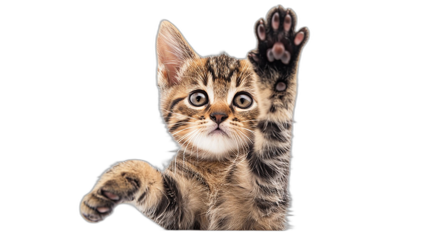 Cute kitten reaching up with paws isolated on black background, high resolution photo