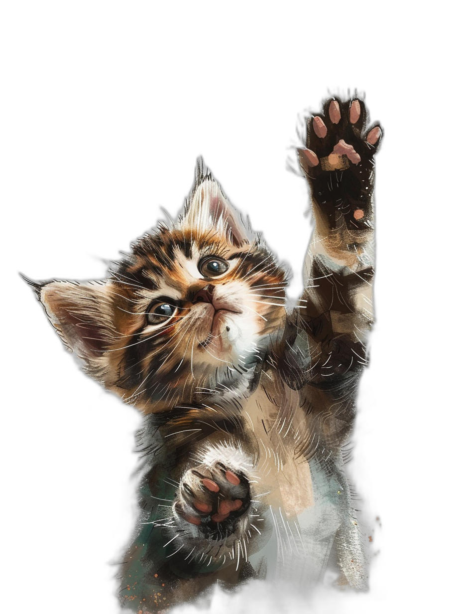 digital art of a cute kitten playing with its paw up on a black background, in the style of painting