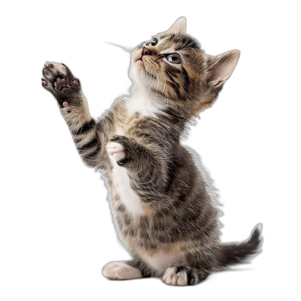 A cute kitten standing on its hind legs, reaching up with one paw to touch the sky, isolated black background, in the style of high definition photography.