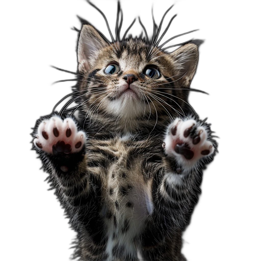 Cute kitten with paws raised in the air on a black background, professional photography in the style of unknown artist.