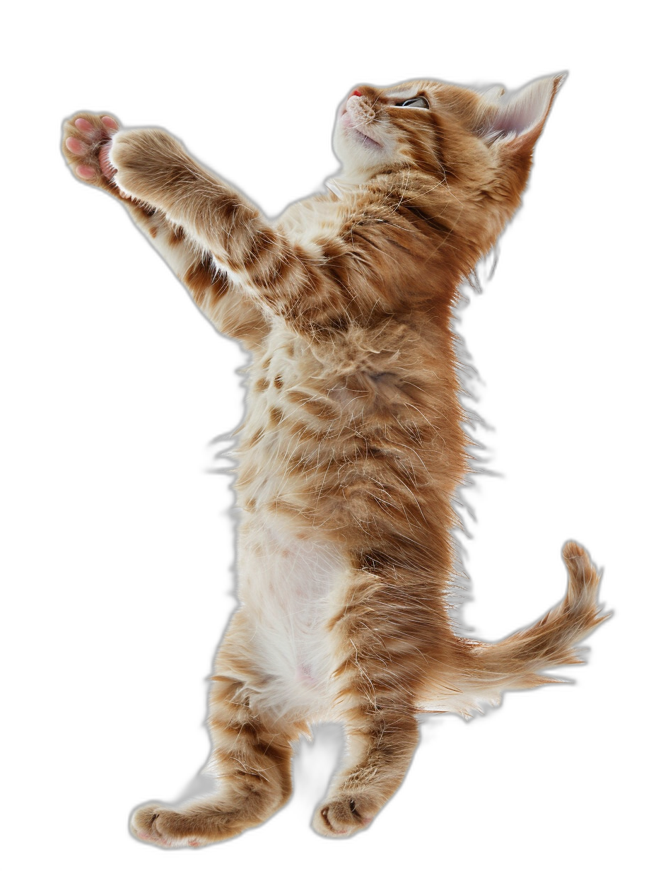 photorealistic photo of an orange tabby kitten, stretching up to the sky with its back legs in air on black background