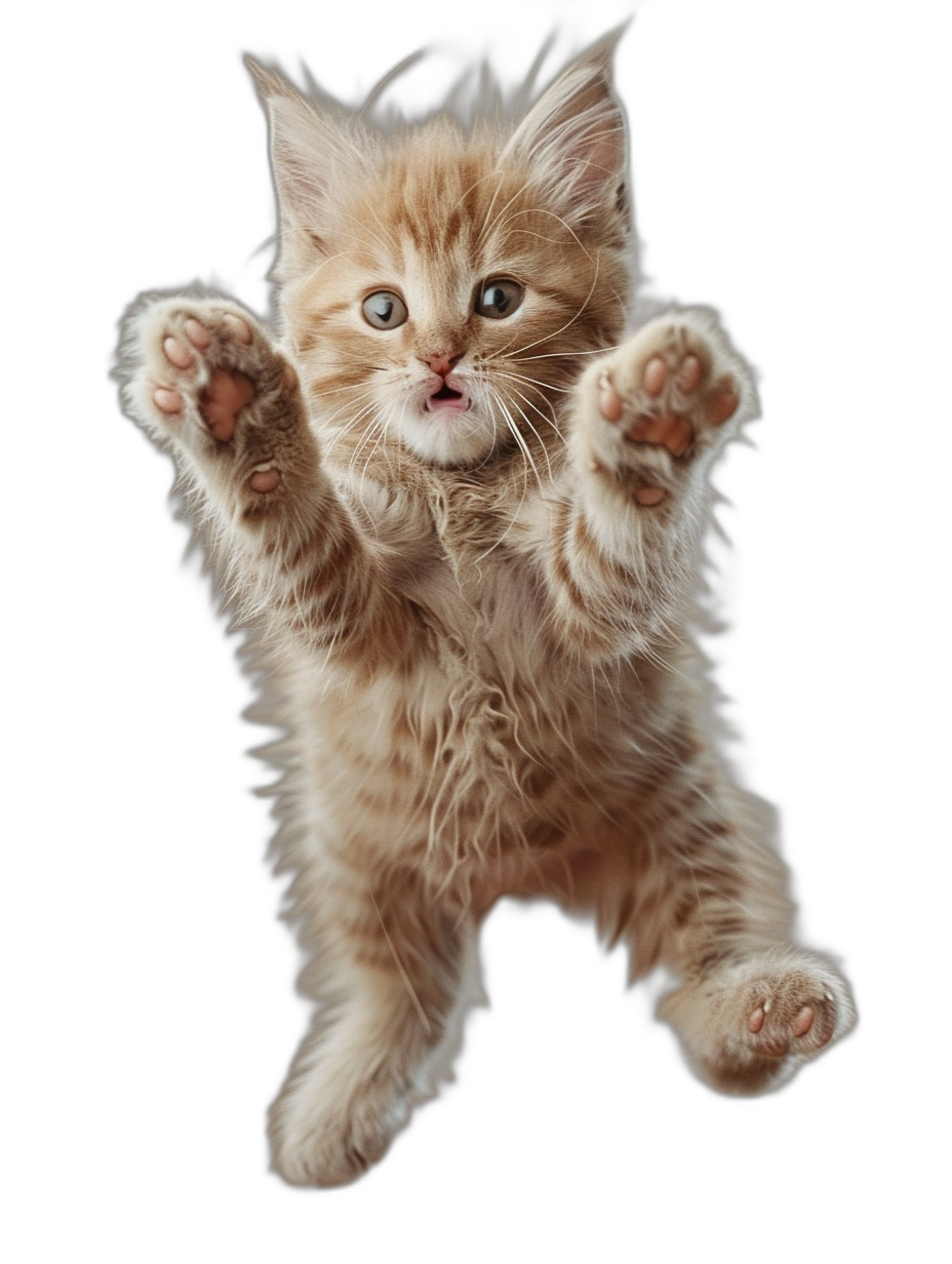 photorealistic photo of an orange mainecoon kitten, jumping in the air with its paws outstretched on black background