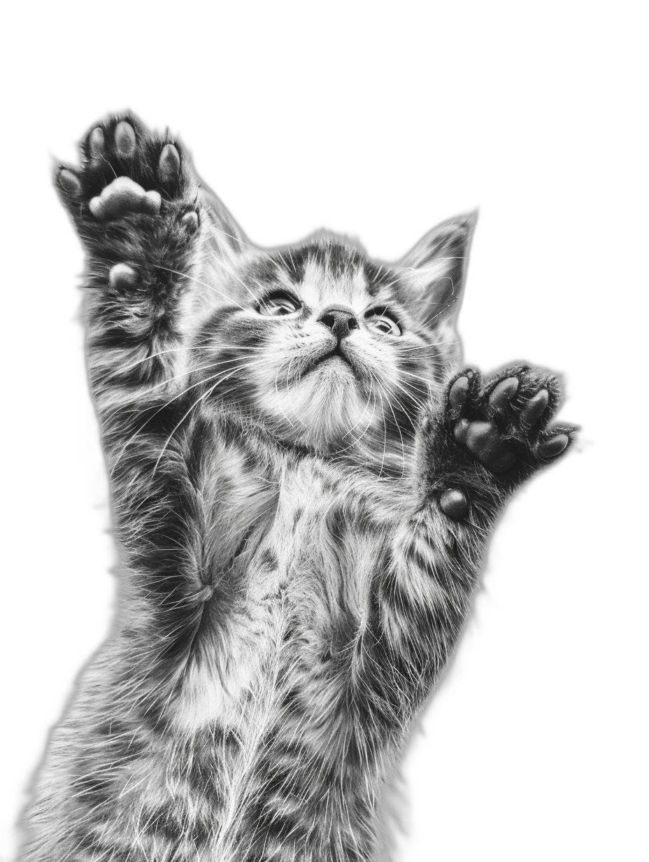 high contrast, detailed drawing of an adorable kitten reaching up with paws to grab something in the air, black and white, high detail, high resolution