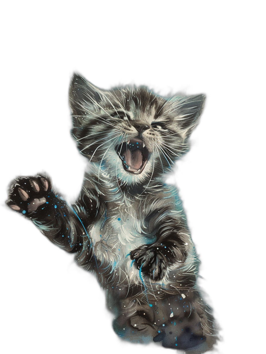 A cute little cat is laughing and waving its paws in a full body portrait against a black background with watercolor splashes. The digital art has blue glowing effects in the style of iridescent glowing colors that appear ethereal and luminous with white light in a hyper realistic style.