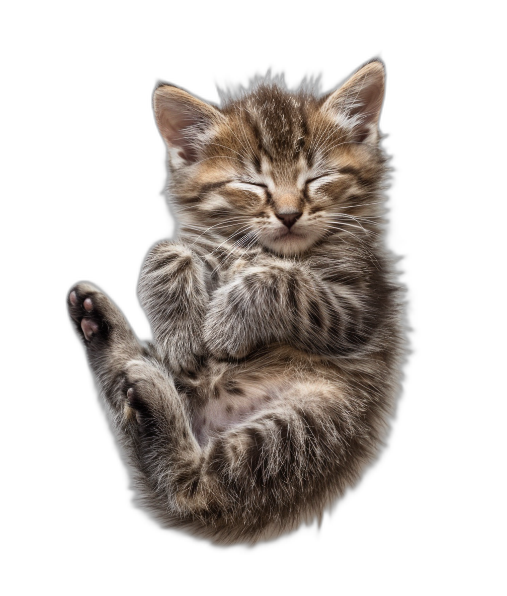 Cute kitten sleeping in the air, smiling and holding its paws up with closed eyes, isolated on a black background, in the style of hyper realistic photography.