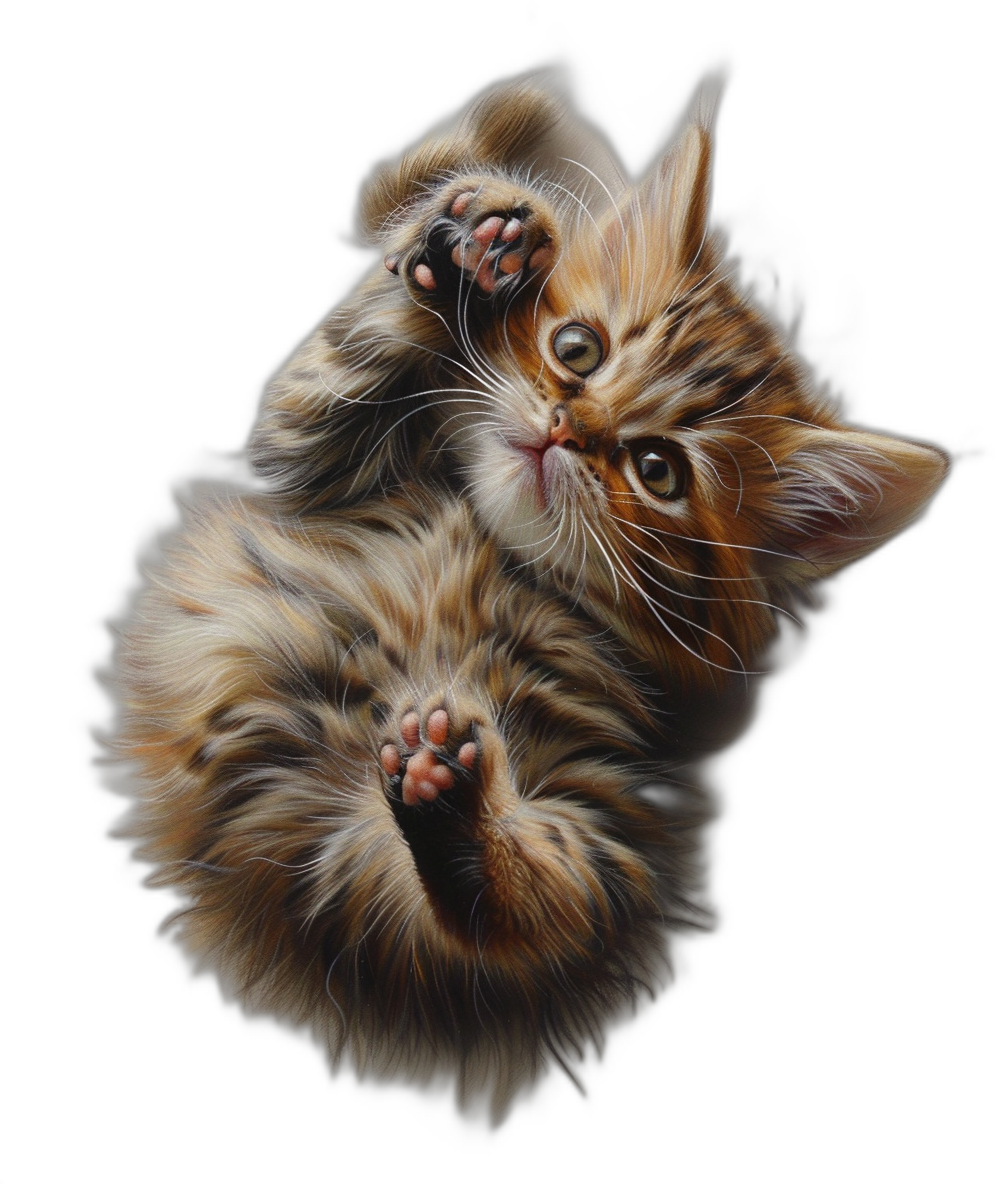 Beautiful, cute kitten in the air with paws up, hyper realistic drawing style, black background, top view