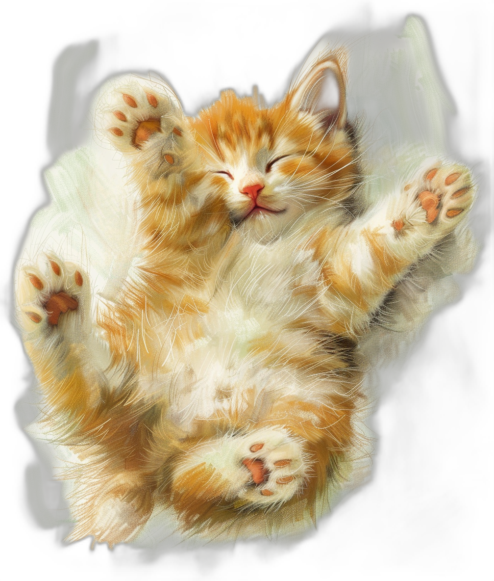 A cute smiling happy baby cat, with orange and white fur, is flying in the air with his paws spread wide open. In the style of digital art, drawn in the style of digital brush on a black background.