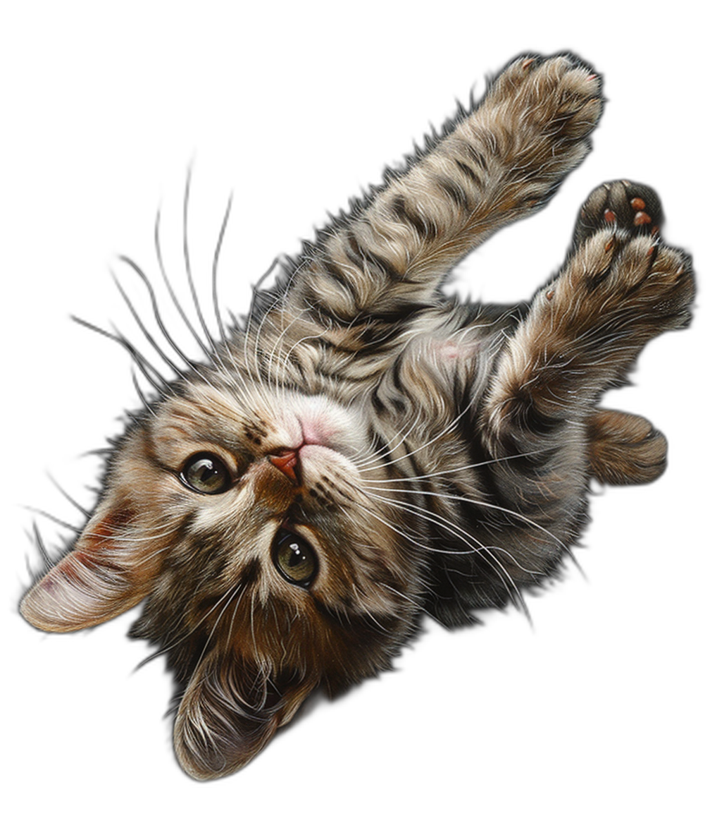 A cute kitten is playing with its paw, hanging upside down in the air. The drawing is detailed with a black background and illustrated in the style of a high definition illustration. Bright colors are used with white fur and brown stripes on the kitten. Its eyes are shining and it has a smiling expression.