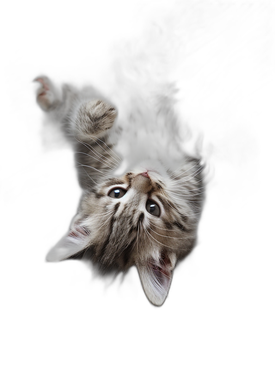 A playful kitten hanging upside down from a black background in a top view, photo realistic, high resolution photographic style.