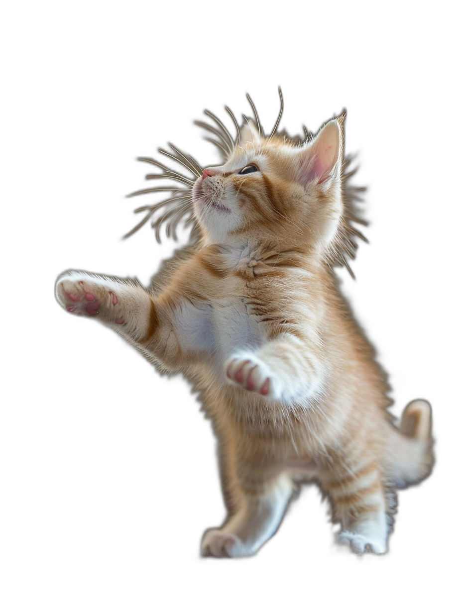 A playful kitten standing on its hind legs, captured in midair with one paw raised and fingers outstretched on the other paw, against a black background, in a high definition photograph.