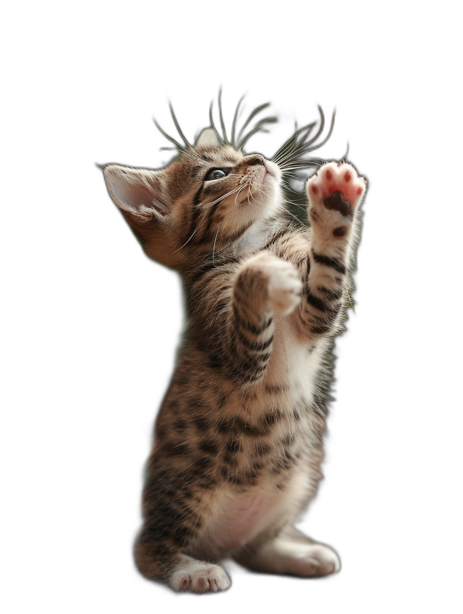 A cute kitten standing on its hind legs, reaching up with one paw to touch the air against a black background, photographed in the style of high definition photography.