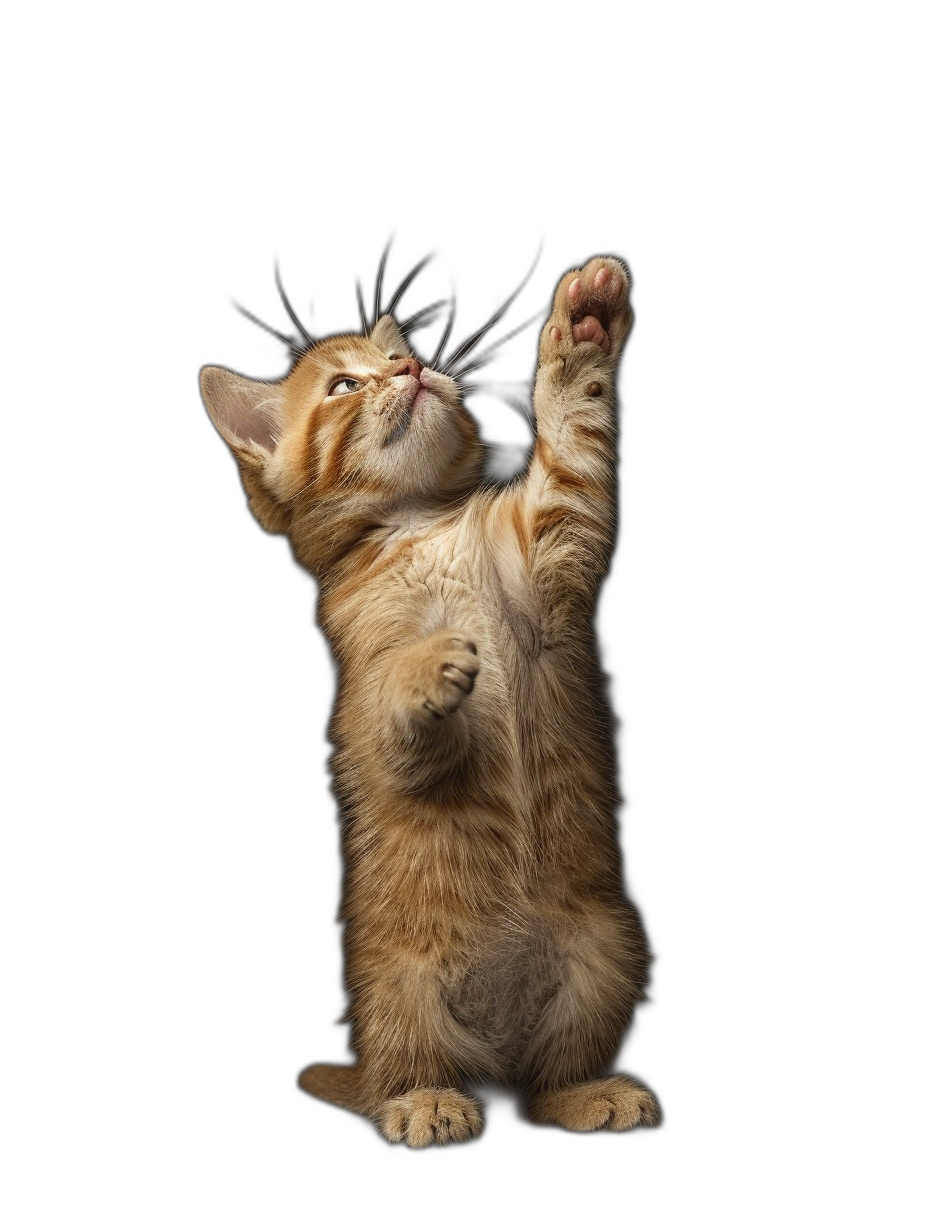 A photo of an orange kitten standing on its hind legs, raising one paw to the sky in celebration against an isolated black background in a full body shot.