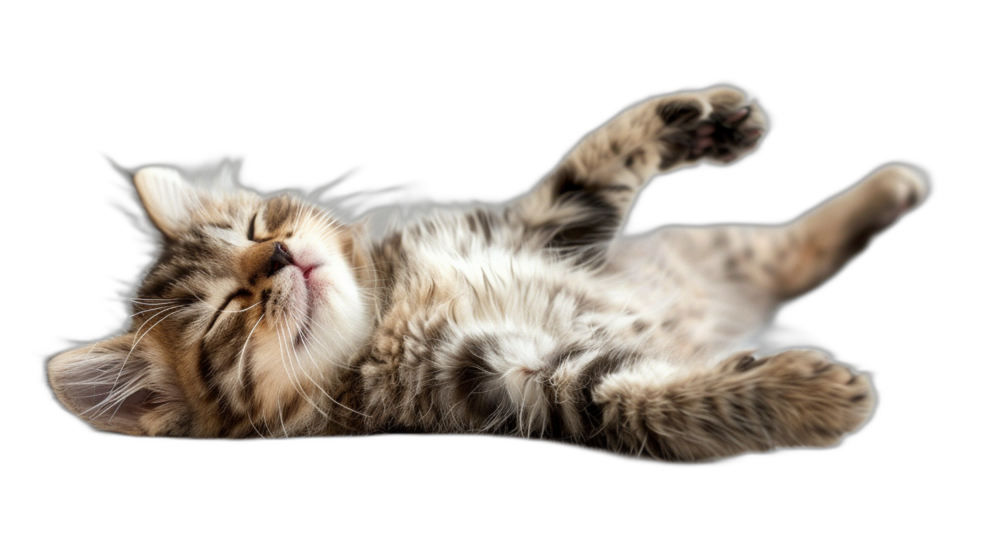 A cute cat lying on its back, smiling and stretching in the air with black background, high definition photography