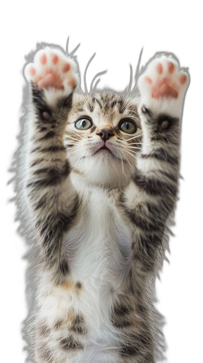 A playful kitten with its paws raised in the air against a black background, captured through realistic photography in the style of realism.