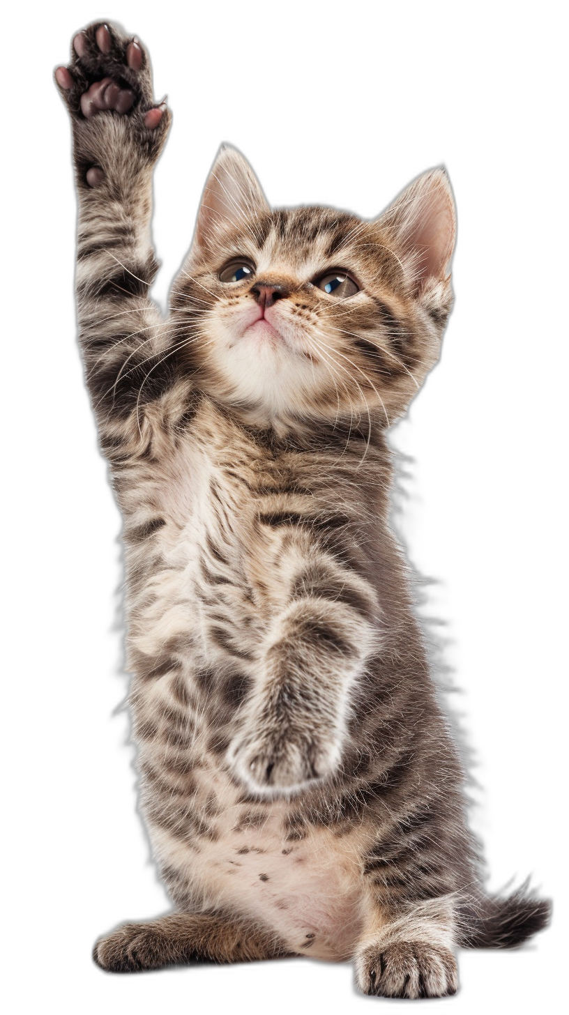 A cute kitten standing on its hind legs, raising one paw to the sky with an open palm against a black background, in the style of high definition photography.