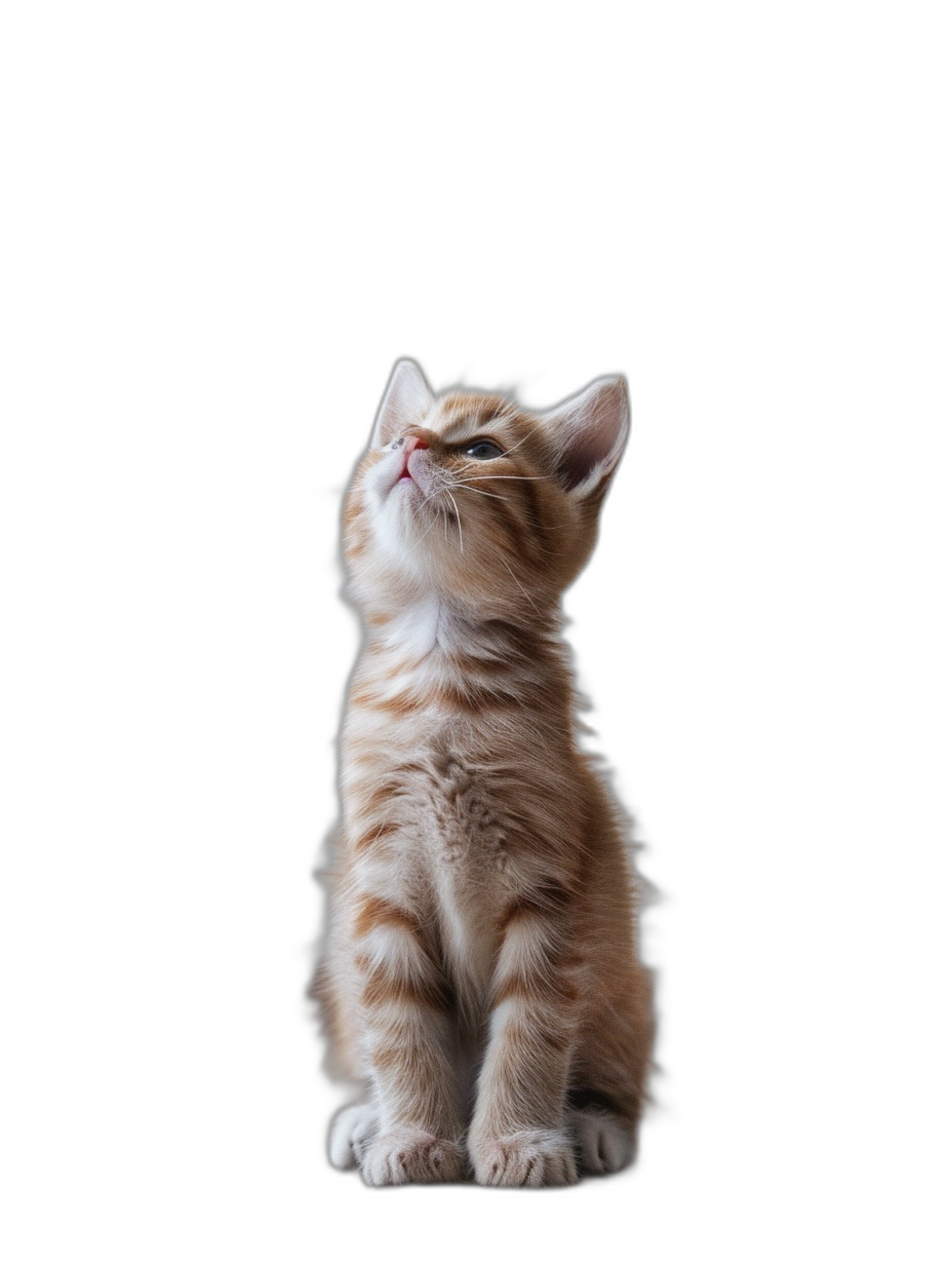 A cute kitten is sitting upright, looking up at the sky with its eyes closed and mouth open on a black background. The image is a high definition photograph in the style of high definition photography.