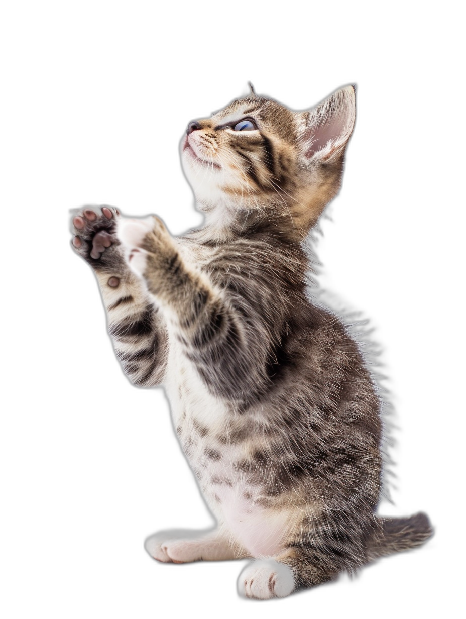 A playful kitten standing on its hind legs, with one paw raised in the air as if about to pounce, isolated against black background, cute and curious expression, high resolution photo