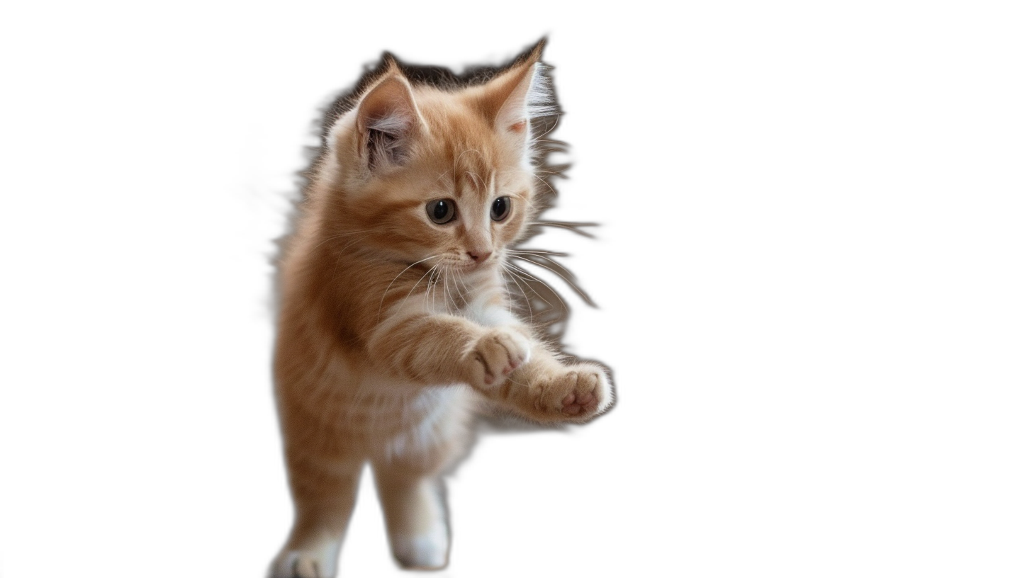 A cute orange kitten is jumping in the air with its full body against a pure black background in the style of photography with high definition details.