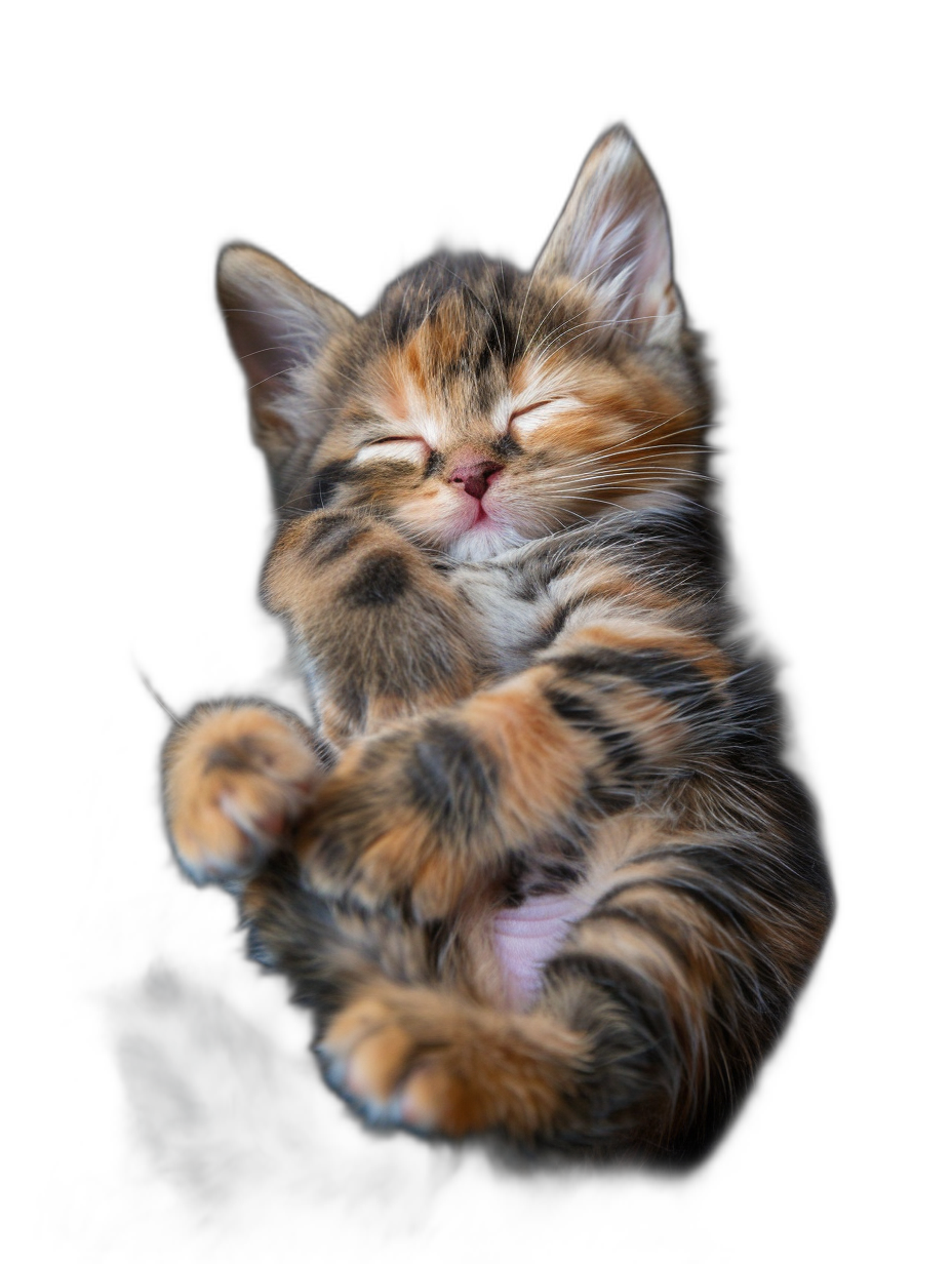 A cute kitten sleeping on its back, eyes closed and smiling expression, with one leg raised up in the air, on a pure black background, with soft light and warm colors, in a style of high definition photography with clear details, as a full body portrait, evoking warm emotions.