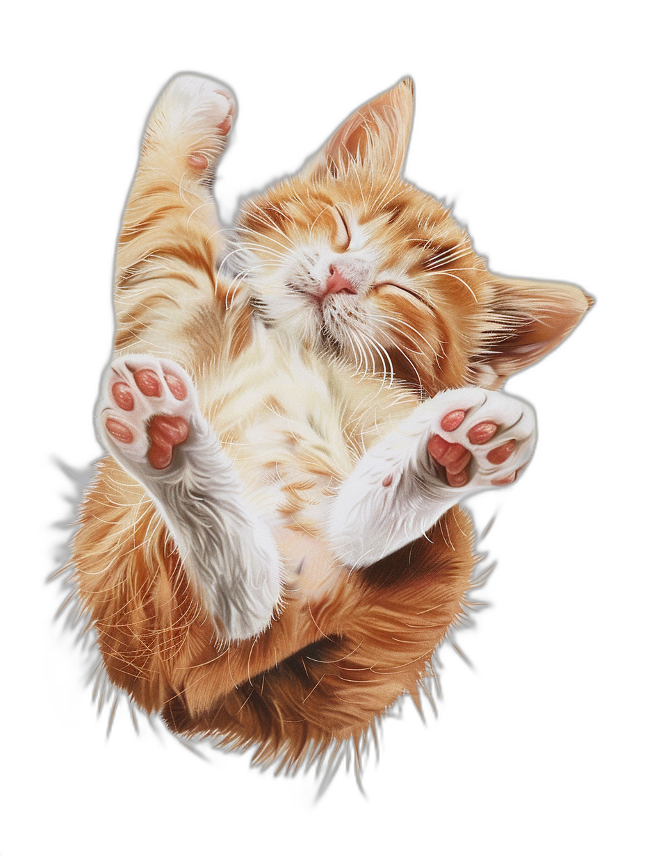 Cute cat floating in the air, smiling with eyes closed and paws raised up, hyper realistic, hyper detailed, hyper quality, high resolution, black background, orange fur color