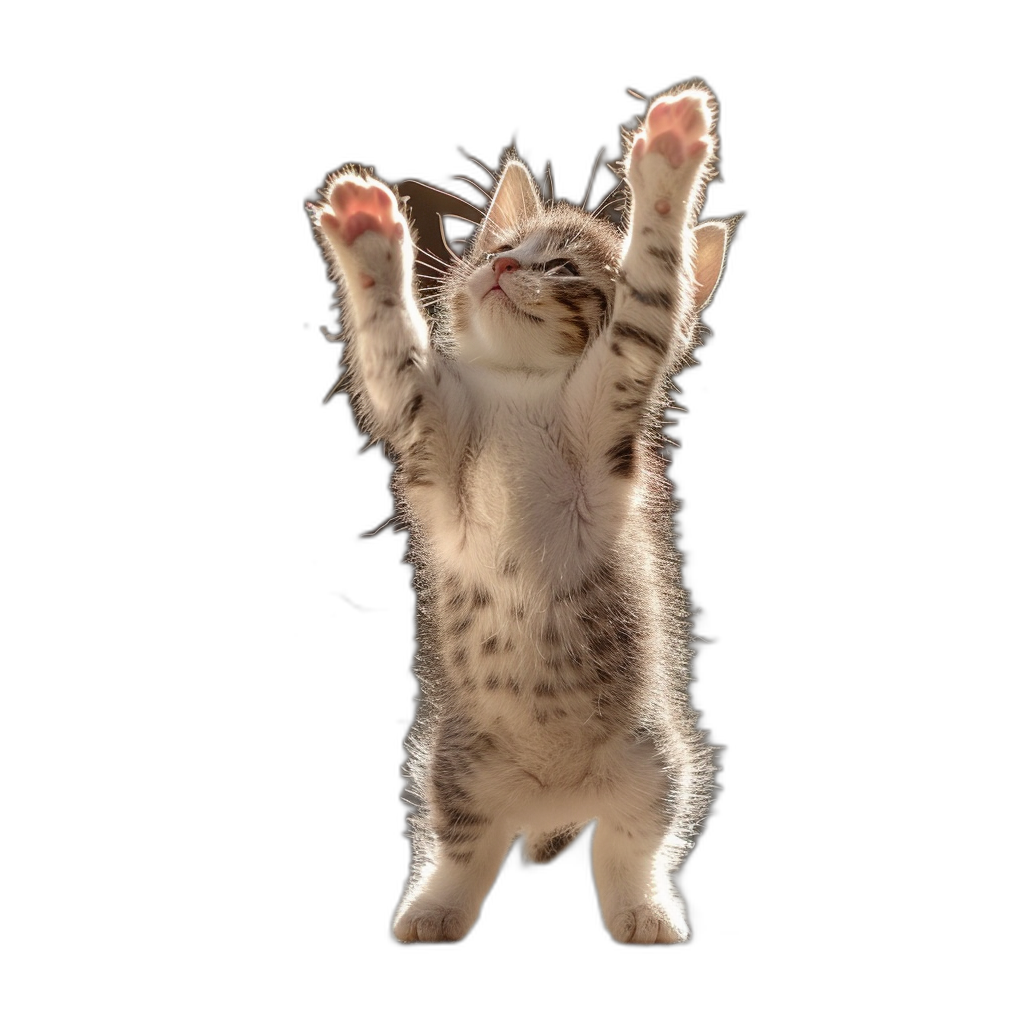 A playful kitten standing on its hind legs, playfully reaching towards the sky with both front paws in midair on an isolated black background, a hyper realistic photographic style.