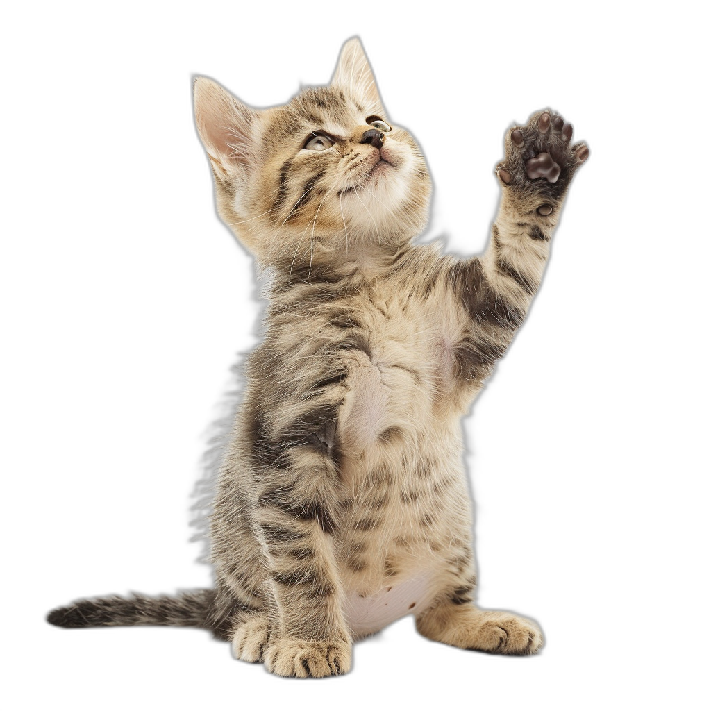 A cute kitten standing on its hind legs, with one paw raised in the air as if it is giving high five isolated black background