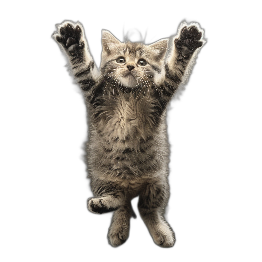 A playful kitten standing on its hind legs, arms raised in the air as if doing an epic high five against black background, Photorealistic style with soft lighting highlighting their fluffy fur and curious expression