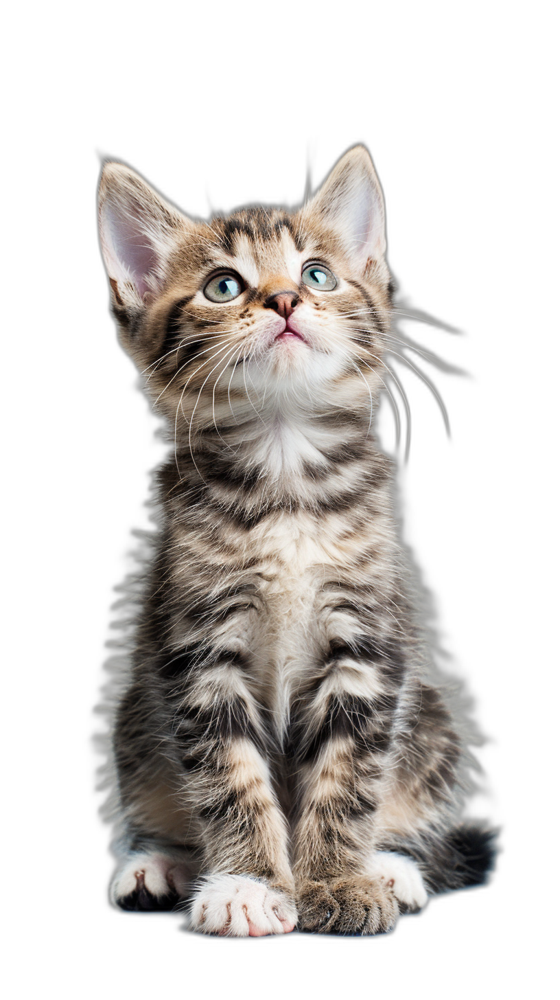 Cute kitten sitting and looking up isolated on a black background, in a detailed photo, in the style of high resolution photography.