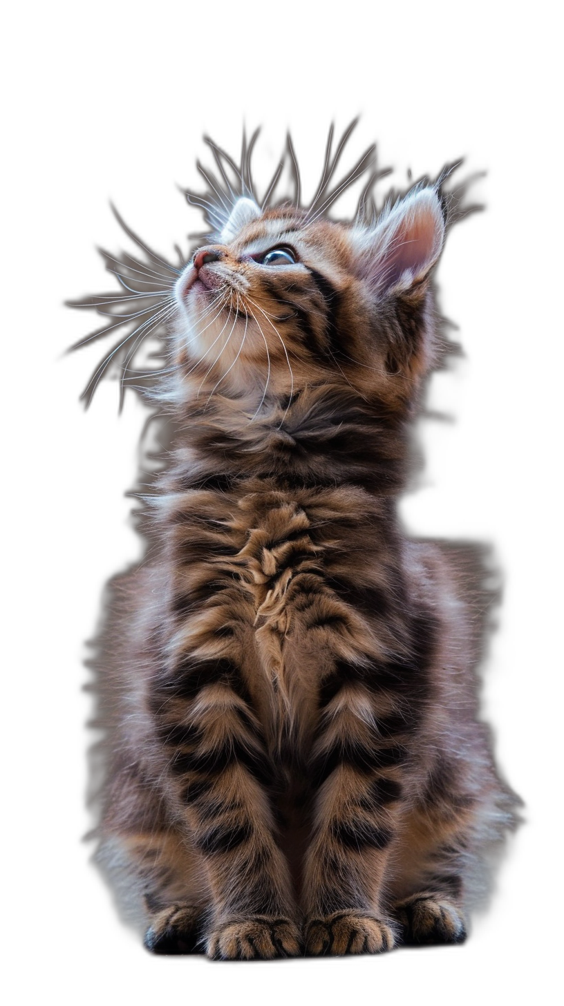 A cute kitten with long hair, sitting upright and looking up at the sky on a black background, in a full body shot, in the style of high definition photography